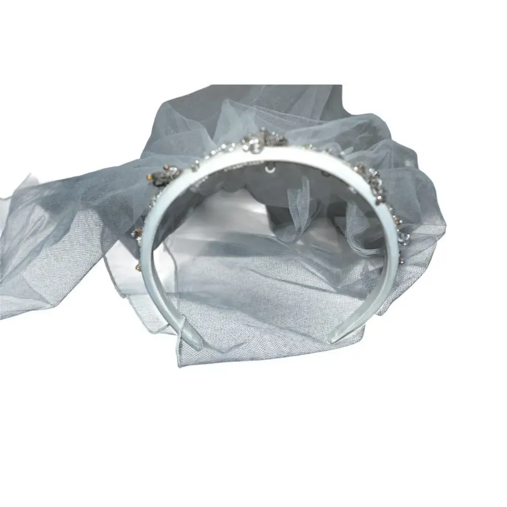 First Communion Headband Short Veil with Rhinestones